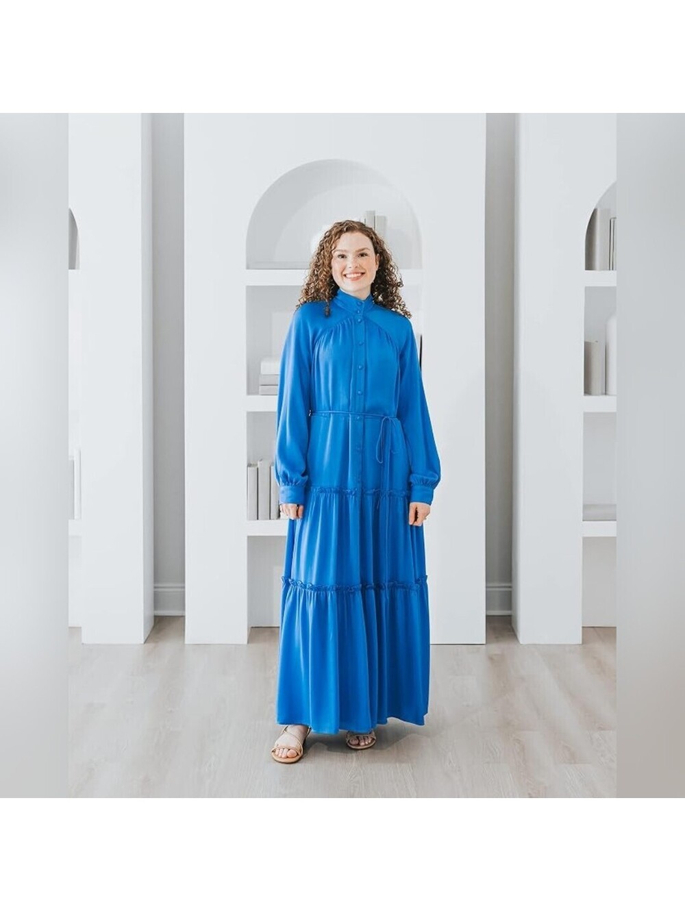 NWT The Drop Azure Blue Tiered Long Maxi Dress Tie Waist, S but looks L/XL